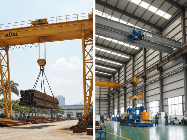 Gantry crane outdoors and overhead crane indoors in Malaysia showing industrial lifting systems.