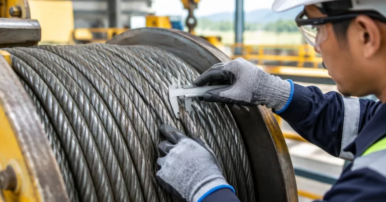 Technician inspecting crane wire rope wear on a drum