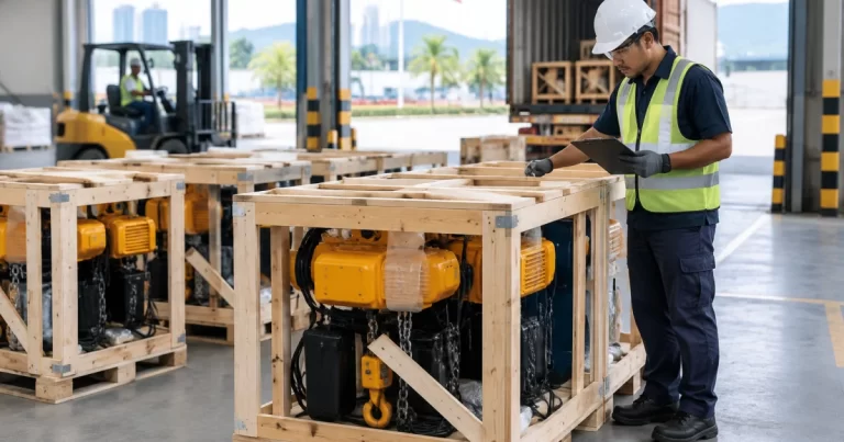 Crated chain hoists being inspected in an industrial warehouse in Malaysia