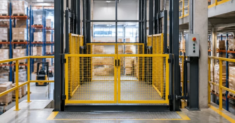 Goods hoist platform with safety gate in a warehouse loading bay