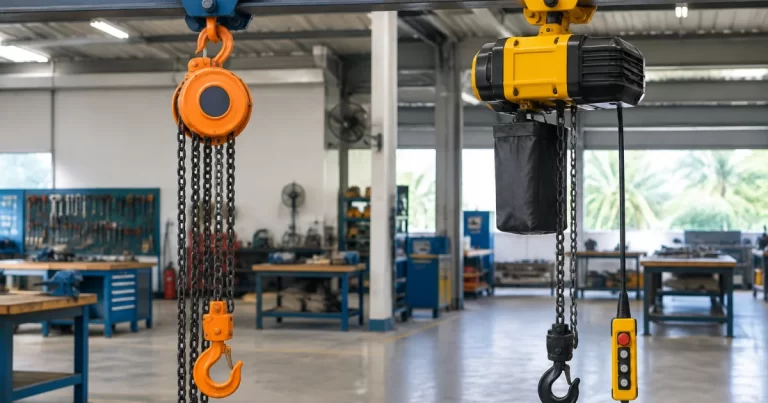 Manual chain hoist and electric chain hoist displayed in a workshop for comparison