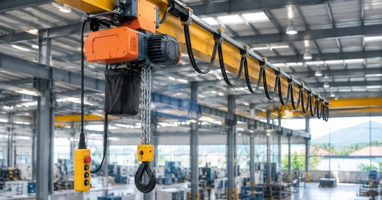 Electric chain hoist installation with cable management along a beam