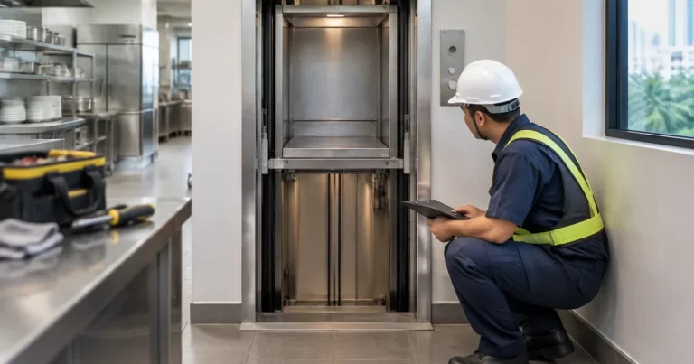 Technician inspecting a dumb waiter lift shaft opening in a service corridor