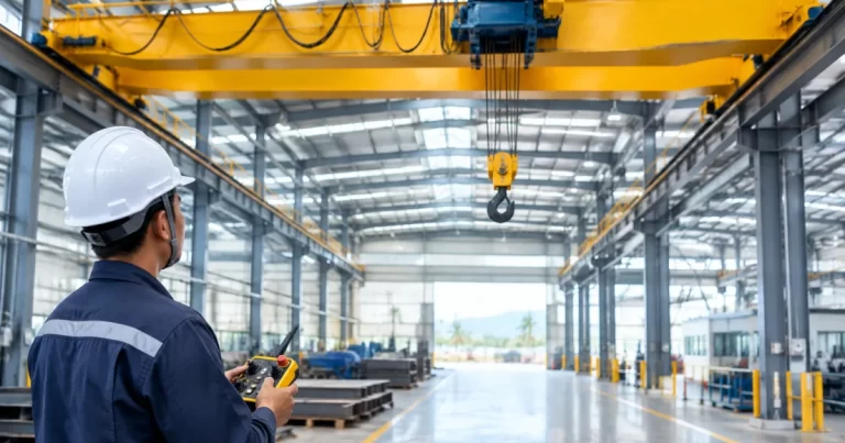 Modern overhead crane in a factory with an operator using a wireless remote control