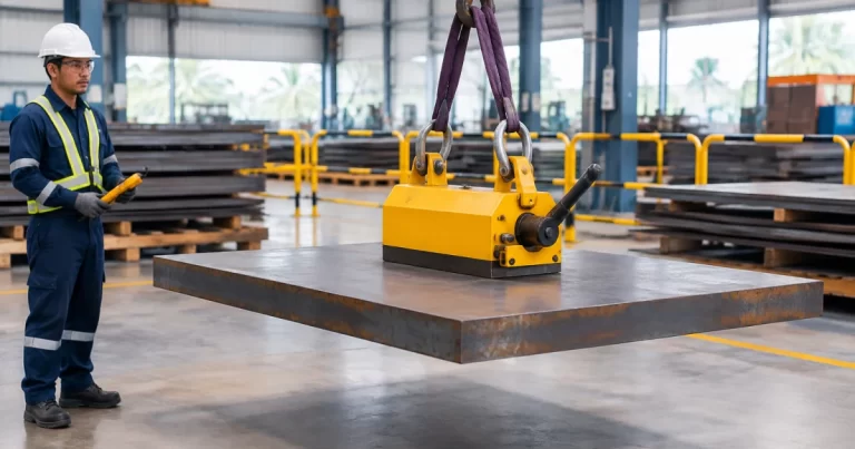 Magnetic lifter safely lifting a steel plate in a fabrication workshop