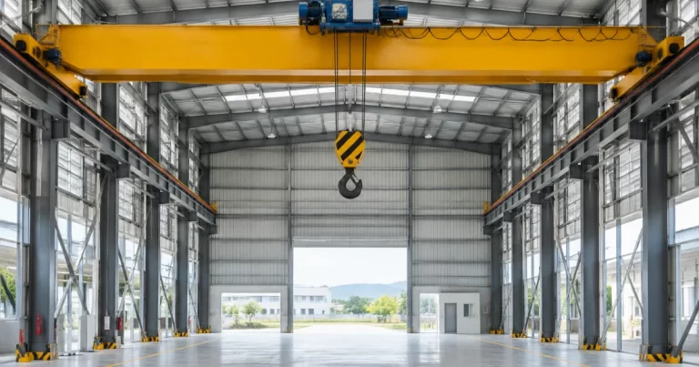 Overhead crane system spanning an industrial bay with hook block centered