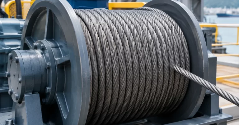 Winch drum with wire rope neatly spooled showing groove pattern